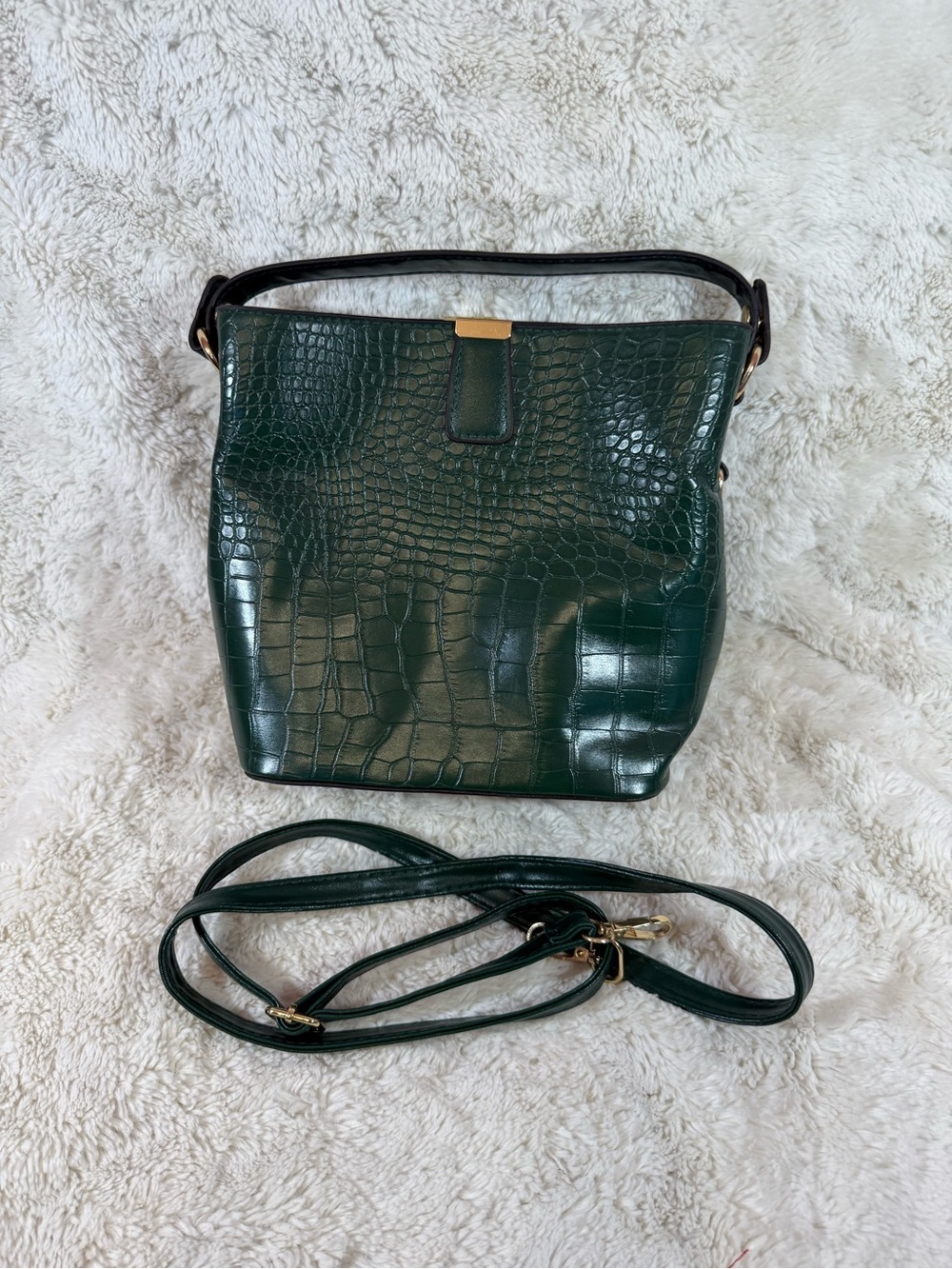 Dark Green Croc-Embossed Faux Leather Shoulder Bag